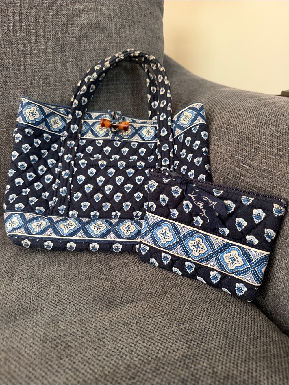 Vera Bradley Navy Quilted Tote with Blue & White Pattern and Zip Pouch